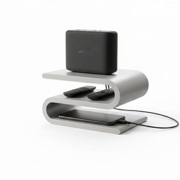 Budget Box S-Shape Desk Organizer Shelf – Modern Multi-Tier Desktop Storage Stand for Speakers, Phones, Remotes & Controllers – Minimal Space-Saving Table Organizer - Silver