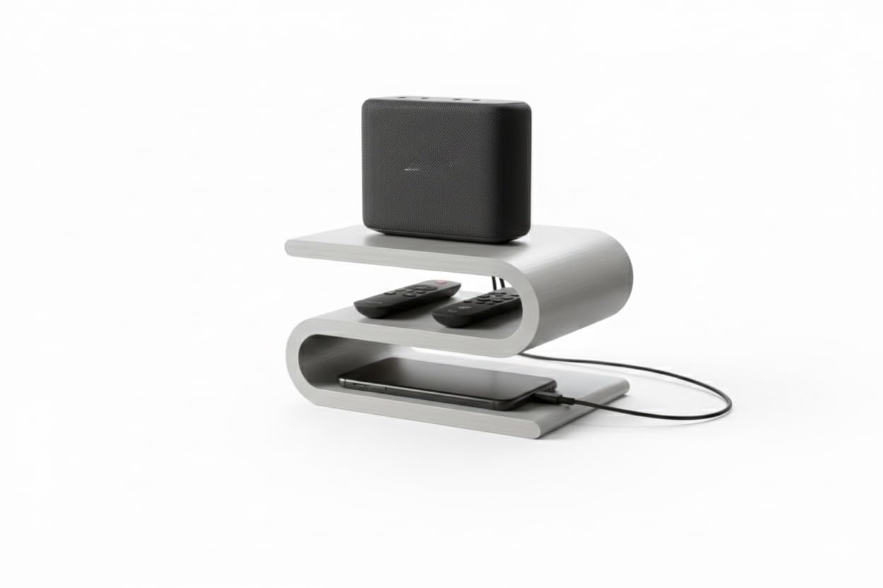 Budget Box S-Shape Desk Organizer Shelf – Modern Multi-Tier Desktop Storage Stand for Speakers, Phones, Remotes & Controllers – Minimal Space-Saving Table Organizer - Silver