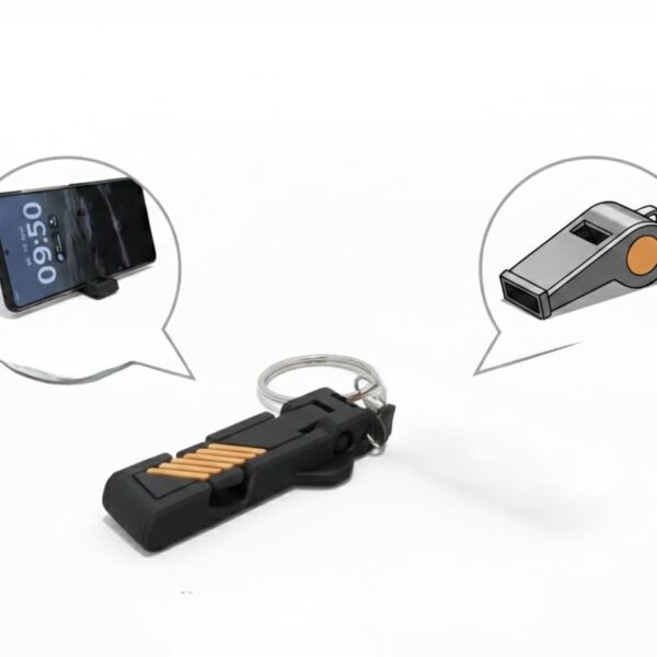 Budget Box 2-in-1 Keychain Mobile Stand with Emergency Whistle, Compact Portable Phone Holder, Black and Orange