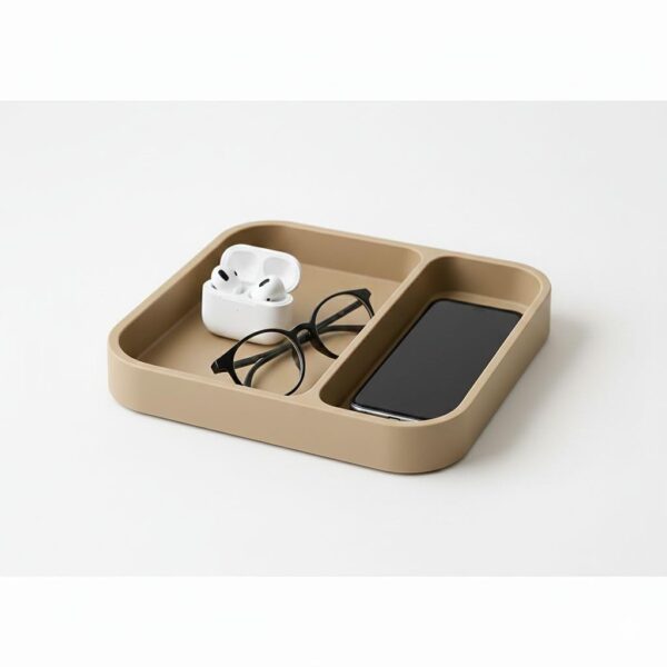 Modern 3D Printed Multipurpose Desk Organizer nd Desktop Storage Tray – Dual Section Organizer for Keys, Glasses, Jewellery & Small Items (Beige)