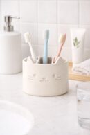 Cute Cat Face Toothbrush Holder, White Ceramic Desk Organizer with 3 Compartments and Drainage Holes, 14x8x8 cm