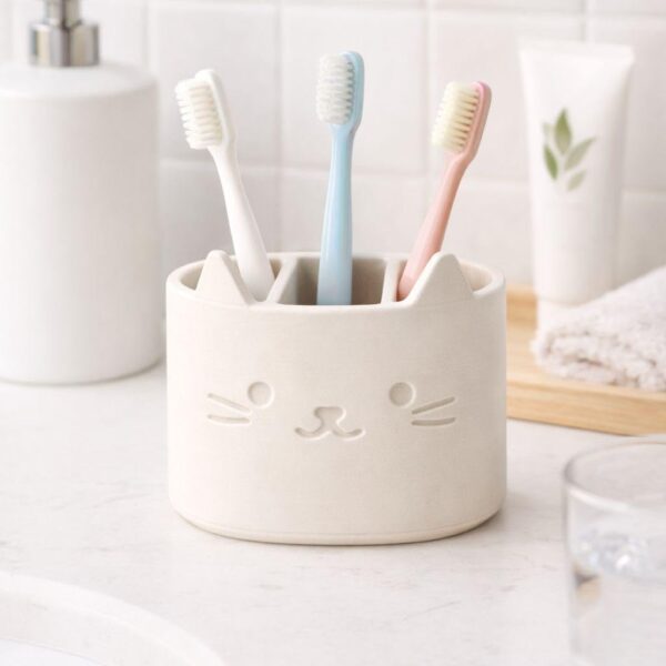 Cute Cat Face Toothbrush Holder, White Ceramic Desk Organizer with 3 Compartments and Drainage Holes, 14x8x8 cm