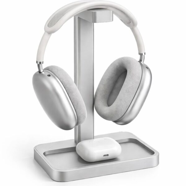 Budget Box Headphone Stand with Storage Tray, Silver, 22cm Height, Desk Organizer for Headphones and Earbuds, Compact Space-Saving Design (SILVER)