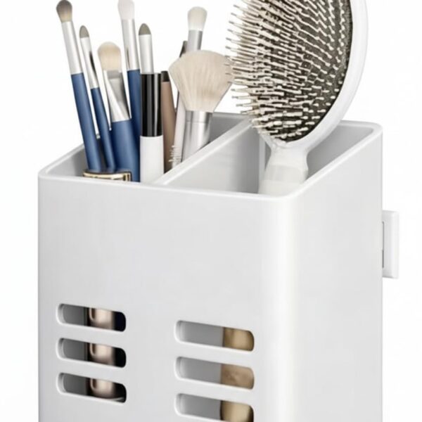 Wall Mounted Bathroom Organiser|Desk Organiser| Self Adhesive Toothbrush and Makeup Brush Holder, White Plastic Storage Stand with Dual Compartments, Space Saving, 10cm Length