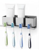 Wall Mounted Bathroom Organiser with Toothbrush Holder, Black, 22x8x8 cm, 3 Storage Compartments with Hooks, Space Saving Adhesive Rack for Toothpaste, Razors and Toiletries