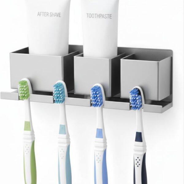 Wall Mounted Bathroom Organiser with Toothbrush Holder, Black, 22x8x8 cm, 3 Storage Compartments with Hooks, Space Saving Adhesive Rack for Toothpaste, Razors and Toiletries