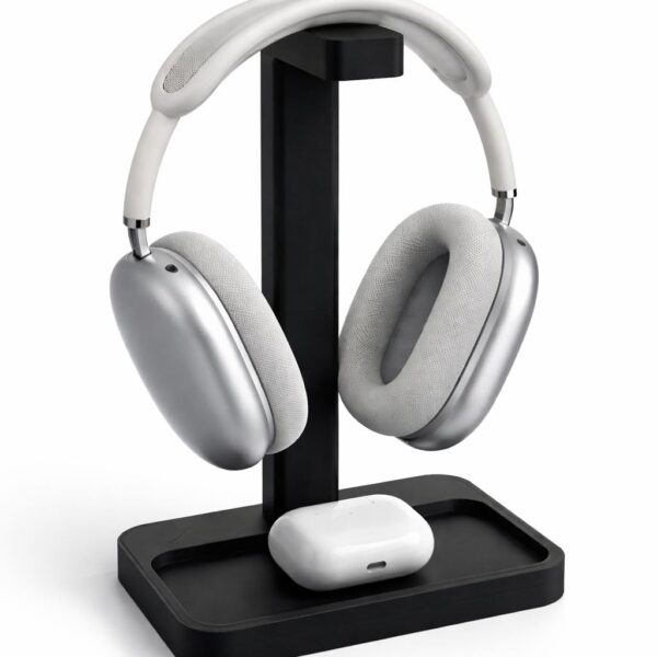 Budget Box Headphone Stand with Storage Tray, Black, 22cm Height, Desk Organizer for Headphones and Earbuds, Compact Space-Saving Design