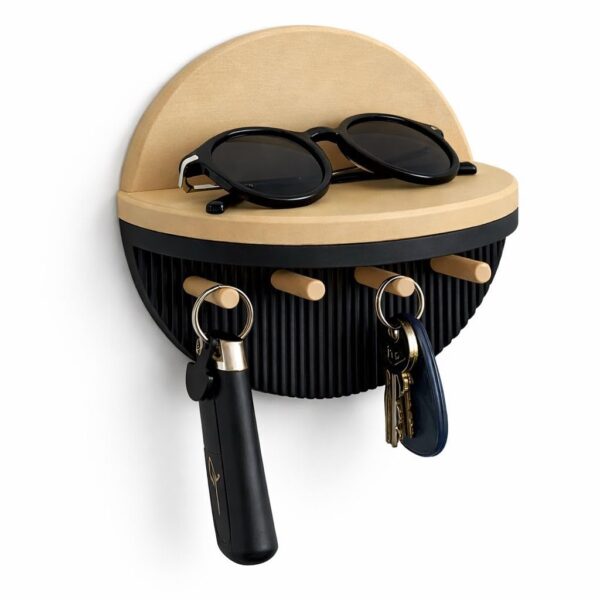 Budget Box Wall-Mounted Key and Essentials Holder with Shelf, Compact Organizer with Multiple Hooks, 24 cm, Natural Wood and Black Color