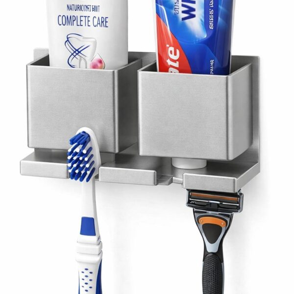 Wall Mounted Toothbrush nd Attire Paste Holder|Bathroom Organiser|Silver|, 2 Storage Compartments with Hooks, Space Saving Adhesive Rack for Toothpaste, Razors and Toiletries (Medium)