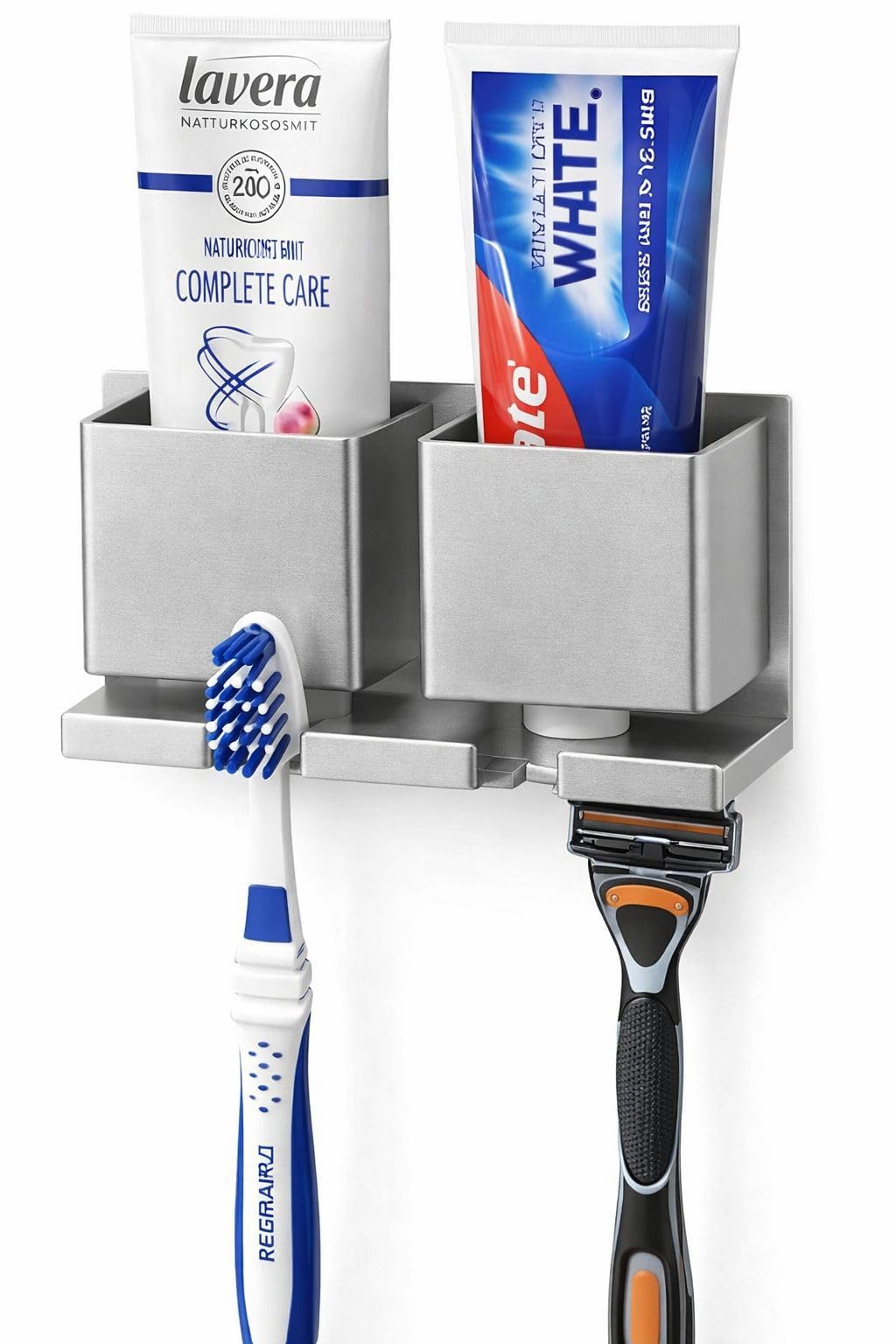 Wall Mounted Toothbrush nd Attire Paste Holder|Bathroom Organiser|Silver|, 2 Storage Compartments with Hooks, Space Saving Adhesive Rack for Toothpaste, Razors and Toiletries (Medium)