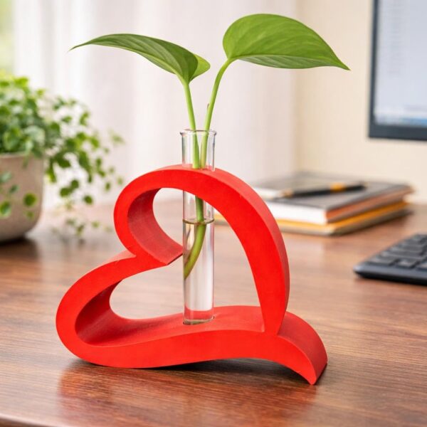 Budget Box Heart Shaped Test Tube Planter with Glass Vase, Red, Hydroponic Desk Plant Holder, 15cm x 12cm x 4cm, Contemporary Modern Style